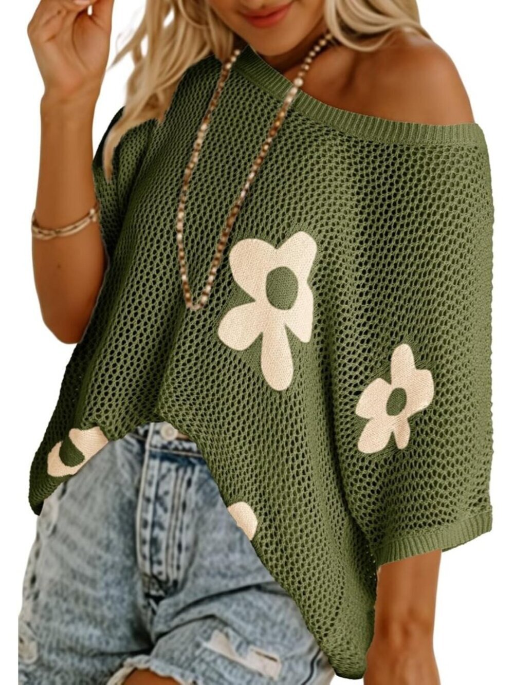 Women's Green Short Crochet Sweaters Cover Ups Lightweight Knit Pullover Tops